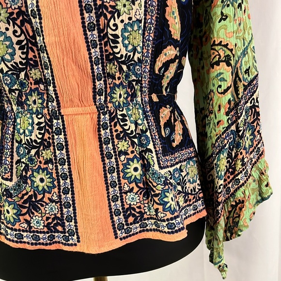 Free People Rosalie Multicolor Floral Paisley Bell Sleeve Faux Wrap Blouse - Picture 14 of 16